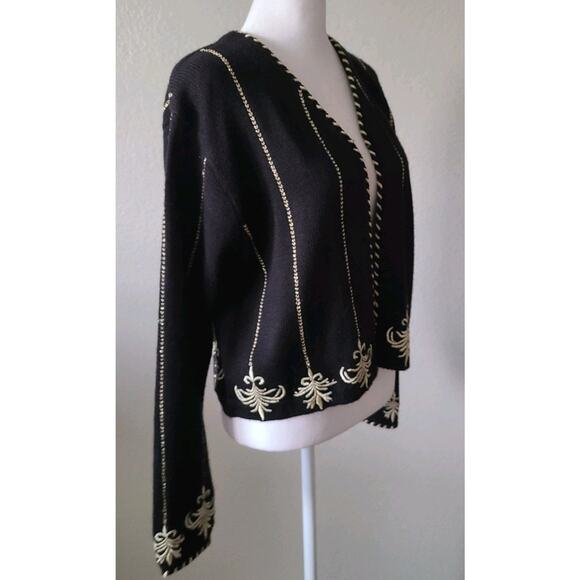 Vintage 90s Wool Cardigan Sweater Medium Casual Corner Metallic‎ Gold Embroidery - Picture 5 of 13